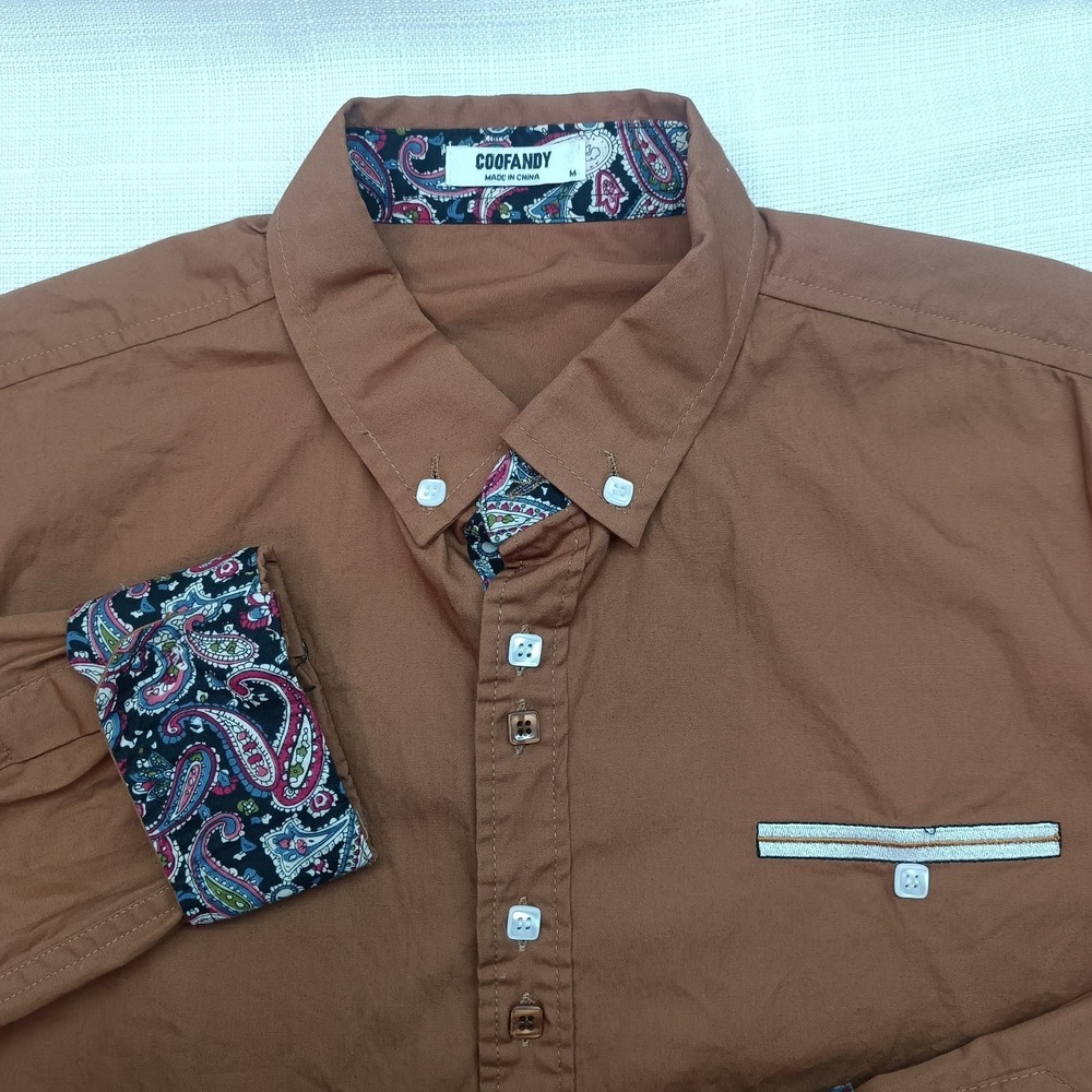 Coofandy Shirt Men's M Brown Button Down Long Sleeve Paisley Flip Cuff Preppy